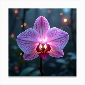 A Radiant Orchid With Petals Of Flowing, Holographic Light Blooming In A Magical Garden Canvas Print