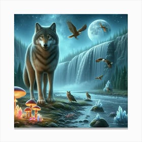 Wolf on the Mushroom Riverbank Canvas Print