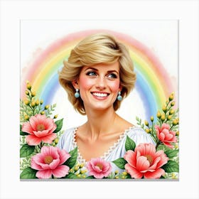 Watercolor Scene Of Smiling Princess Diana Amid Blooming Flowers And Rainbows 1 Canvas Print