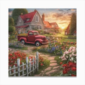 Country Cottage Sunrise Fence Abundant Flower Gardens Stone Pathway Red Farm Truck Ultra Hd Canvas Print