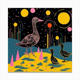 Ducklings At Night Linocut Style 2 Canvas Print