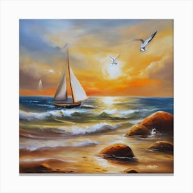 Oil painting design on canvas. Sandy beach rocks. Waves. Sailboat. Seagulls. The sun before sunset.13 Canvas Print