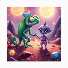 Alien Kid And Chameleon Canvas Print