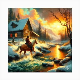 Cowboy Riding Across A Stream 3 Copy Canvas Print