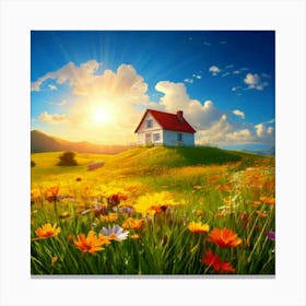 Firefly House, Sun, Cloud, Flower, Meadow, Nature, Landscape, Serene, Bright, Cheerful, Picturesque, (3) Canvas Print