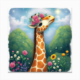 Dreamy Giraffe With A Mane Of Roses And Daisies, Reaching For The Stars In A Magical Garden 1 Canvas Print