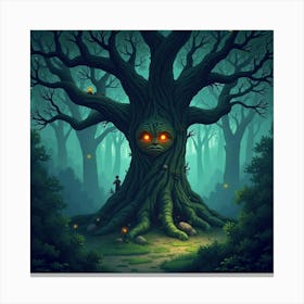 Ancient Giant Tree With Face And Glowing Eyes In A Magical Grove 1 Canvas Print