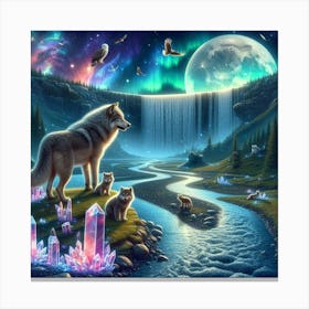 Wolf Family by Crystal Waterfall Under Full Moon and Aurora Borealis Magic Canvas Print