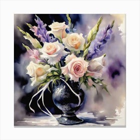 Watercolor Roses In A Vase Canvas Print