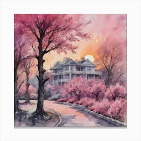 Big House In Pink Nature Water Colour Canvas Print