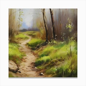 Path In The Woods.A dirt footpath in the forest. Spring season. Wild grasses on both ends of the path. Scattered rocks. Oil colors.32 Canvas Print