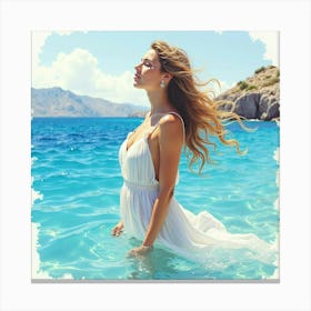 A Graceful Greek Woman In Watercolor, With The Crystal Clear Waters Of The Mediterranean 1 Canvas Print