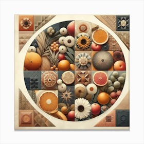 An Artistic Collage of Mediterranean Flowers and Fruits in a Circular Design Canvas Print