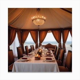An Elegant Luxurious Tent Interior Features A Dining Table Set For A Meal With Curtains And Fireplace Creating A Cozy Atmosphere 3 Canvas Print