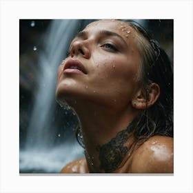 Macro portrait, top-down view, woman aged twenty-five years, tattooed, wet hair, in a waterfall, water, drops, splash Canvas Print