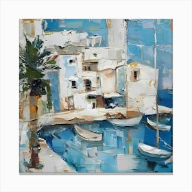 Boats In The Harbor. Mallorcatherapy. Abstraction. sea, boat, Mallorca, abstraction, painting for the interior, palm tree, harbour, marina, yachts, bay, house by the sea, seascape Canvas Print