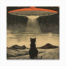 Retro Black Grey and Red Drawing of a Black Cat With Its Back Turned Looking Up at a UFO in the Desert Canvas Print