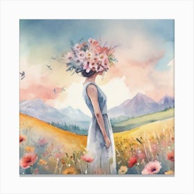 Watercolor Of A Woman With Flowers Canvas Print