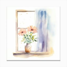 Watercolor Flowers On A Window Canvas Print