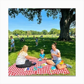 Family Enjoys A Leisurely Day In The Park Picnic Setup On A Checkered Blanket Laughter Playing Fr Leinwandbild