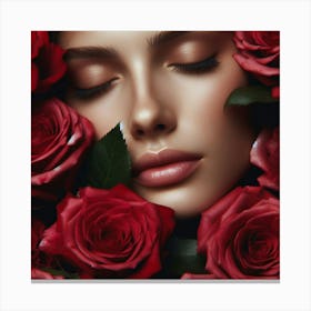 Beautiful Woman With Red Roses 1 Canvas Print