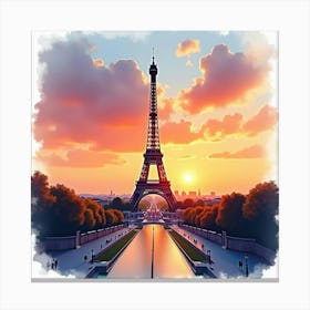 Parisian Sunset In Watercolor With The Eiffel Tower Silhouetted Against The Sky 1 Canvas Print