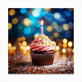 Birthday Celebration Cupcake Adorned With Vibrant Hued Frosting Single Candle Alight Casting A So Canvas Print