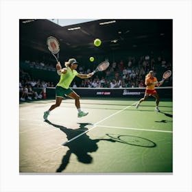 Tennis Match Captured In Mid Action Players Frozen Mid Swing With Rackets Poised To Strike Sunligh Canvas Print