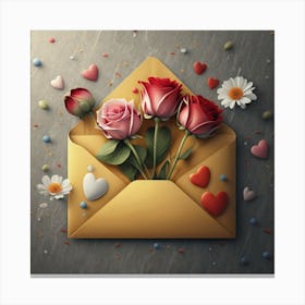 An open red and yellow letter envelope with flowers inside and little hearts outside 4 Canvas Print