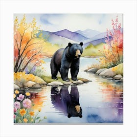 Black Bear By The River In Watercolor Art Canvas Print