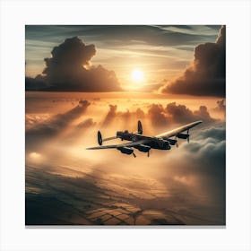 Lancaster Bomber flying through mist and clouds sun in background over dover 1/4 (ww2 World War 2 Pilot Flying Ace Sunset) Canvas Print