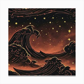 Epic Ocean Night Sky With Red Outlined Black Waves Canvas Print