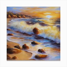 The sea. Beach waves. Beach sand and rocks. Sunset over the sea. Oil on canvas artwork.5 Canvas Print