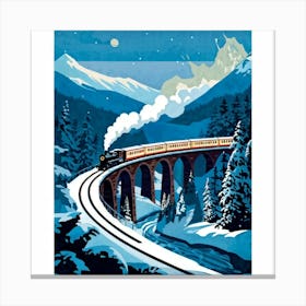 Vintage Travel Poster Cutout Steam Train Crossing A Curved Viaduct Over A Twilight Lit Valley Flan Canvas Print