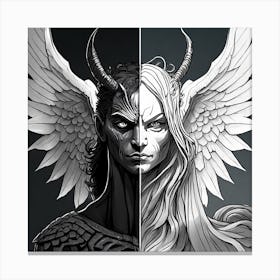 Dual Nature Black And White Half Angel Half Demon Canvas Print