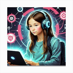 Girl With Headphones Using A Laptop Canvas Print