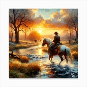 Cowboy Riding Across A Stream 7 Copy Canvas Print