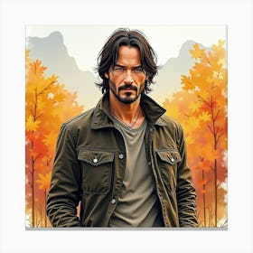 Watercolor Portrait Of Keanu Reeves In A Vibrant Autumn Landscape Canvas Print