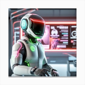 The Image Depicts A Alpha Male In A Stronger Futuristic Suit With A Digital Music Streaming Display 5 Canvas Print