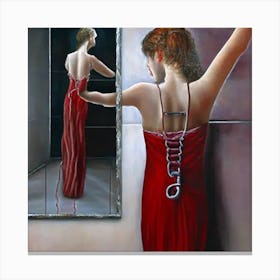 A woman pointing to a strange mirror Canvas Print