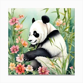Panda Grass Nature Flowers Bamboo Black And White Cute Watercolor Canvas Print