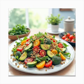 Watercolor Painting Of A Fresh And Vibrant Quinoa Salad With Roasted Veggies On A Modern Kitchen Table Canvas Print