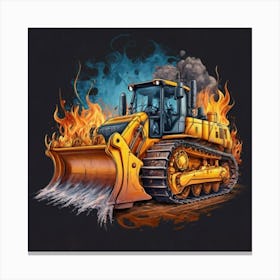 Yellow bulldozer surrounded by fiery flames 13 Canvas Print