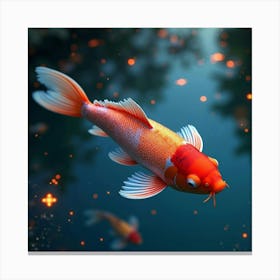 A Surreal Koi Fish With Holographic Scales Swimming In A Mystical, Glowing Pond Canvas Print