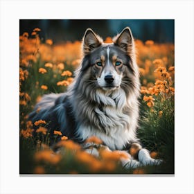 Dog In A Field of flower's Canvas Print