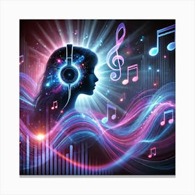 Music Vibes Silhouette Wall Art: A Dreamy and Abstract Scene of a Woman with Headphones Immersed in Soundwaves for Modern Home Decor Print Art Canvas Print