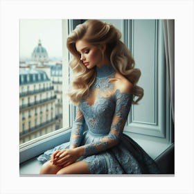 Blond Beauty Sitting On Window Sill Canvas Print