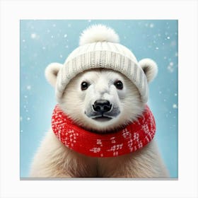 Firefly Playful, Endearing, Polar, Bear, Cub, Fluffy, White, Fur, Snowy, Backdrop, Knit, Cap, Scarf, Canvas Print