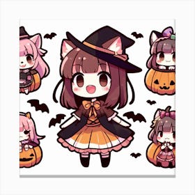 Halloween Kawaii Cute Anime Styled Girl Cartoon, pumpkin Canvas Print