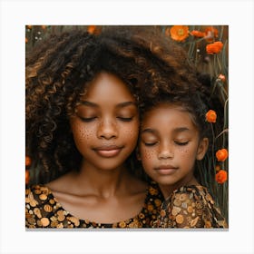 Mother And Daughter In Orange Flowers Canvas Print